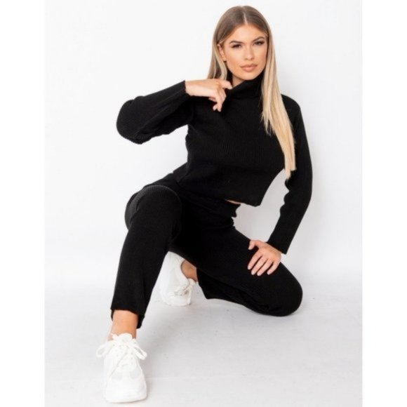 Black Knitted Long Sleeve Turtle Neck Crop Top and Pants Two Piece Set - Picture 11 of 15